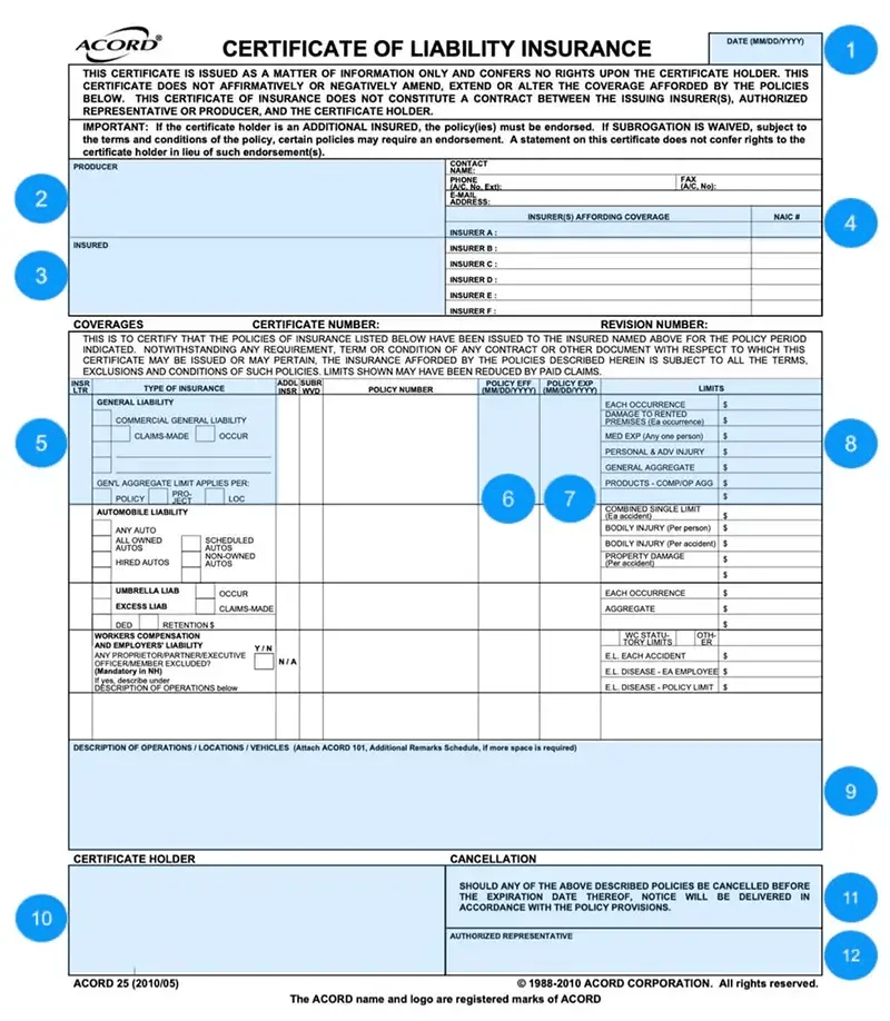 ACORD 25 certificate of insurance form with labeled fields