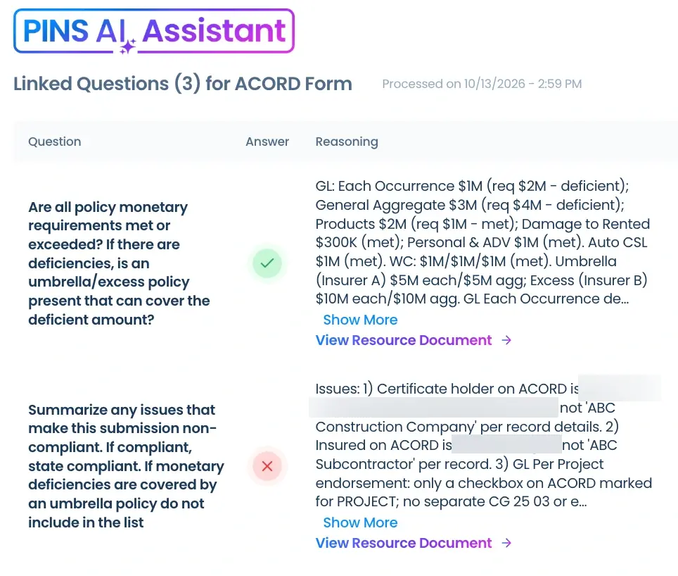 PINS AI Assistant review of an ACORD form, showing pass and fail results with reasoning and links to the source document