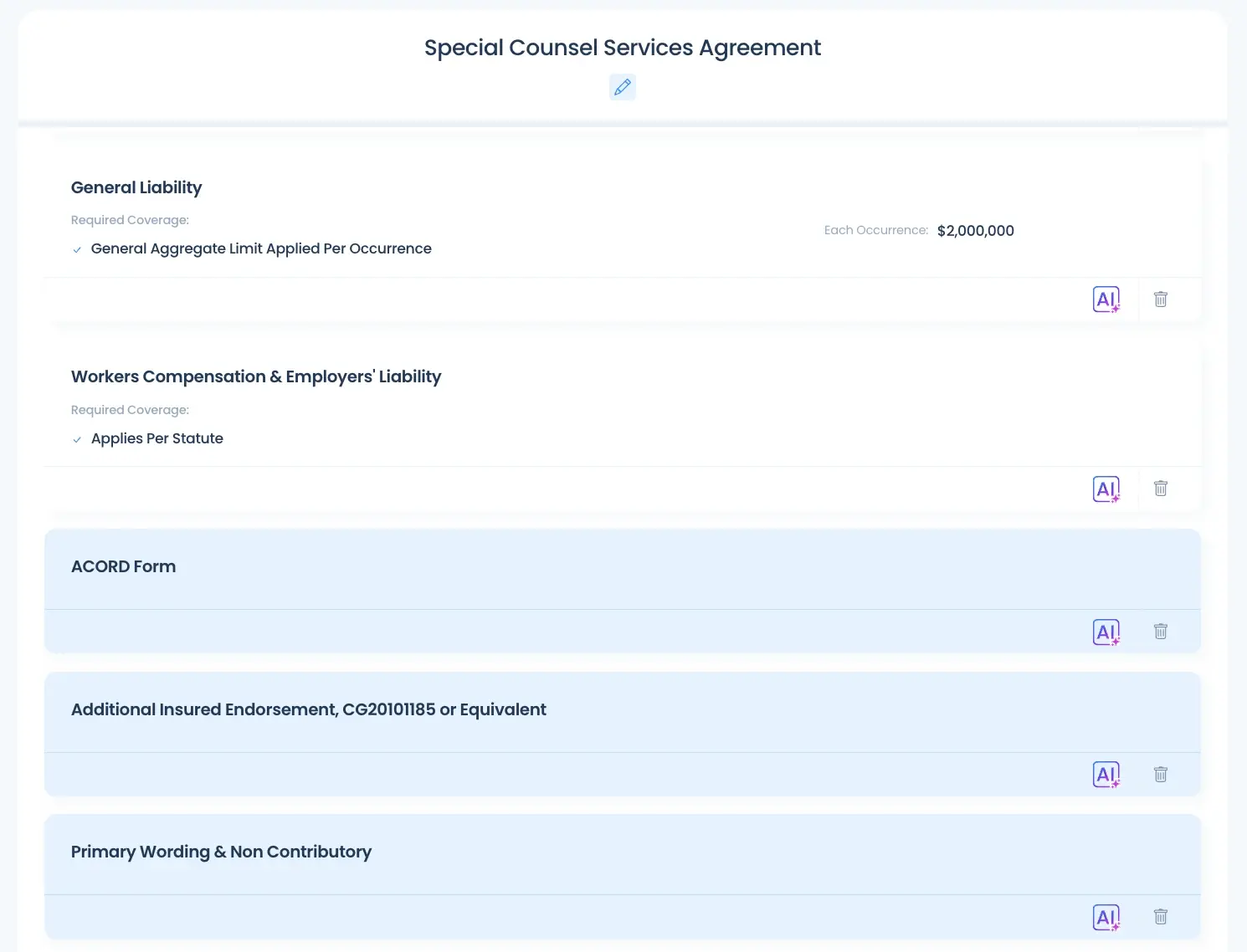 PINS insurance requirements built from a services agreement, including additional insured, primary and non-contributory, and waiver of subrogation endorsements
