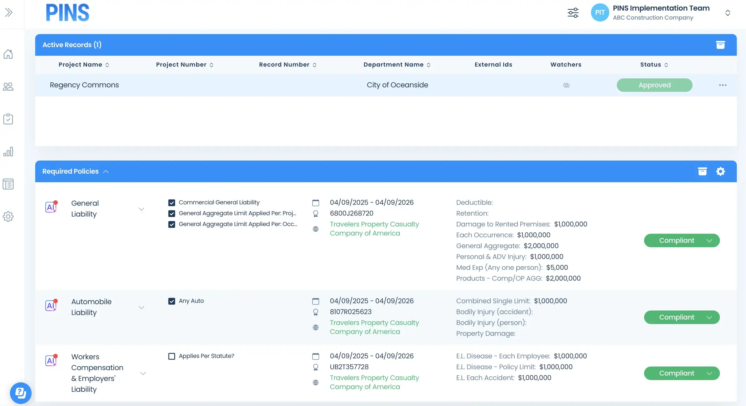 Insured Profile Page showing insurance policies in compliant status