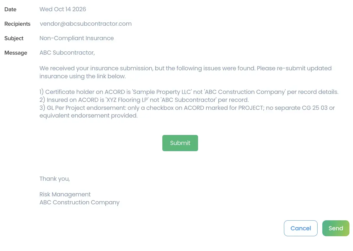 PINS deficiency email template with non-compliant policies and documents filled in automatically