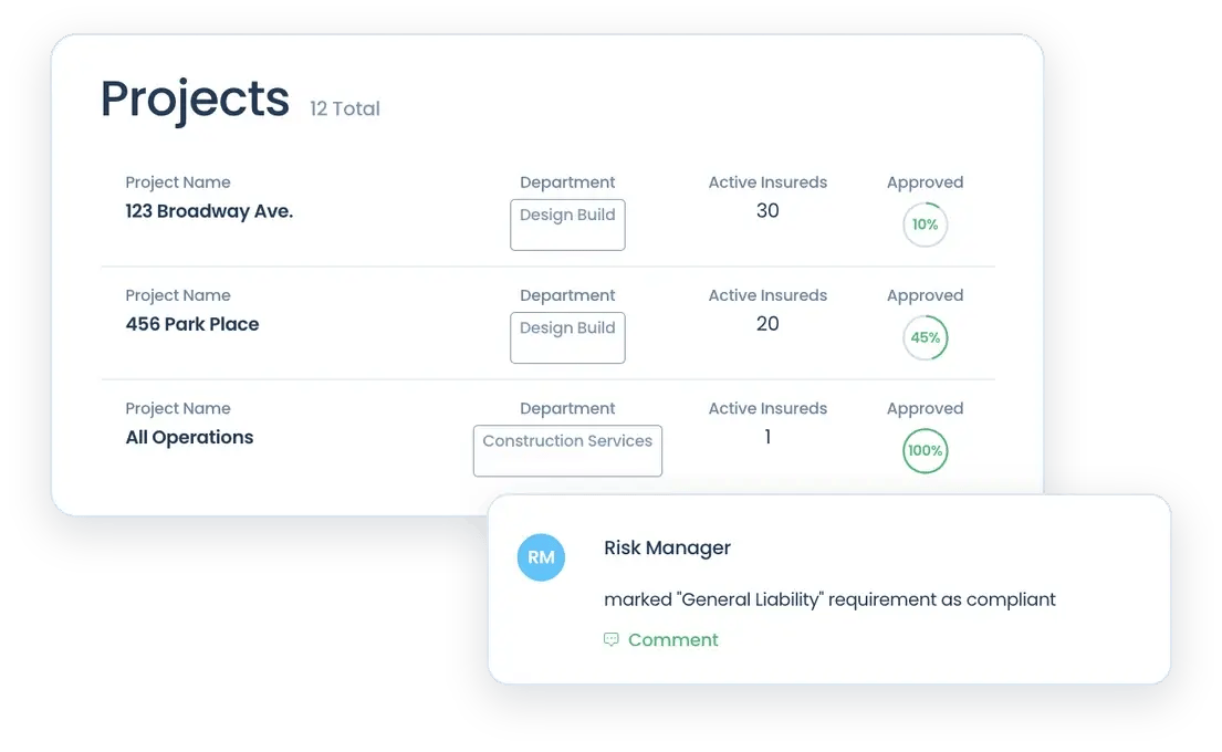 PINS COI management software showing compliance percentage by project and a logged compliance decision by a risk manager