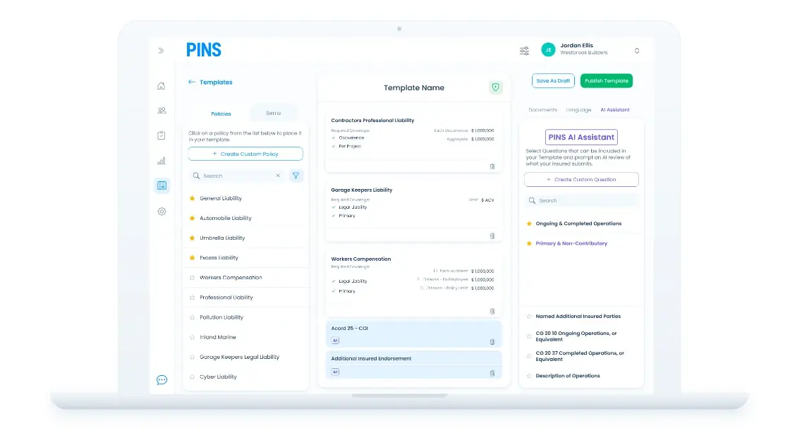 PINS dashboard: AI reviews a certificate and its endorsements, your team approves the flagged item, and every vendor shows compliant.