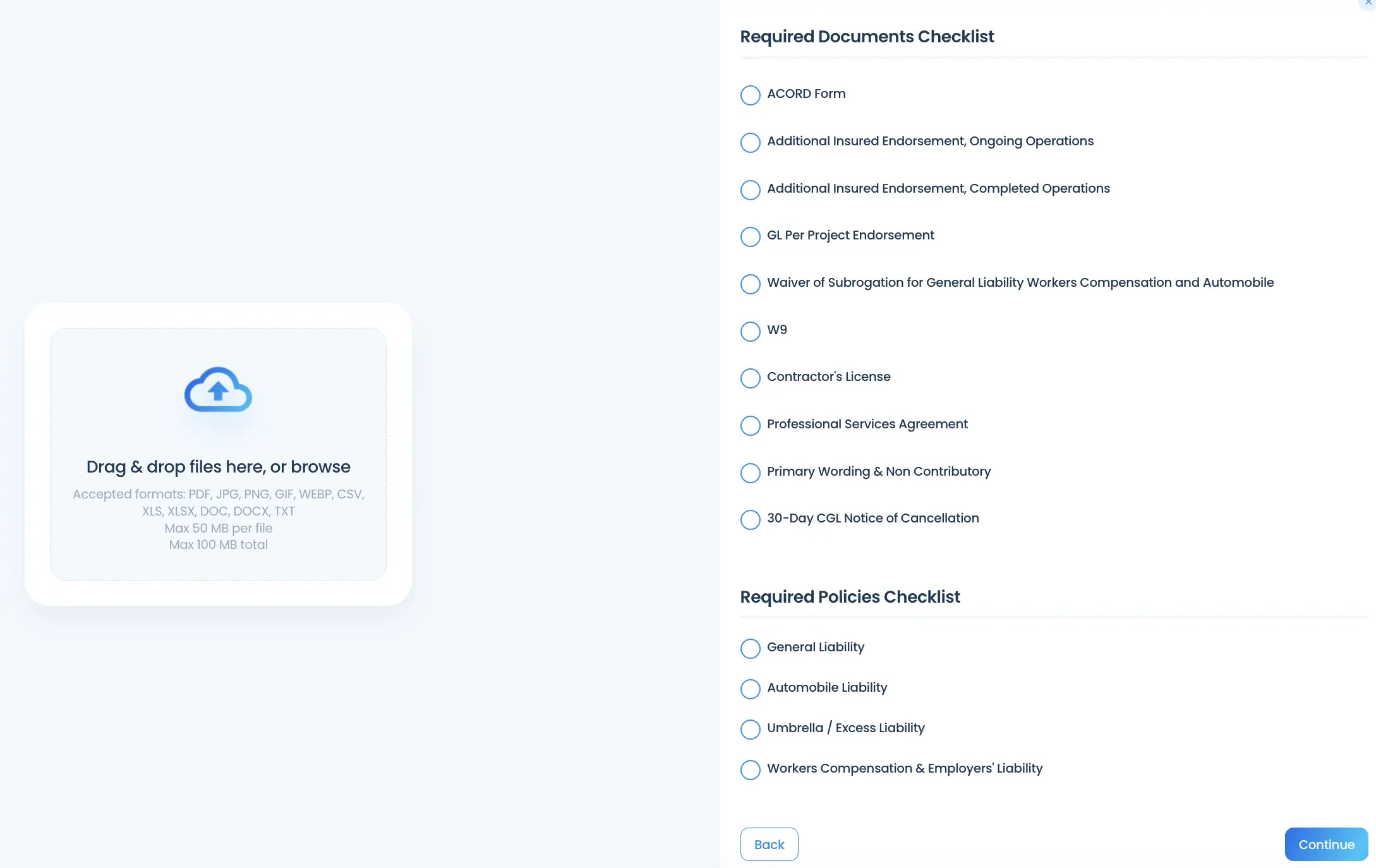 PINS vendor upload screen with drag-and-drop submission and a checklist of required documents and policies