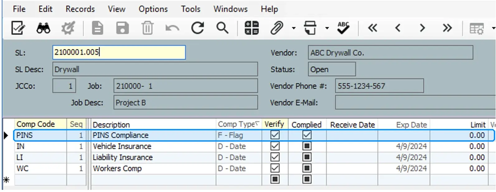 Vista subcontract compliance detail showing the PINS Compliance flag written back as complied