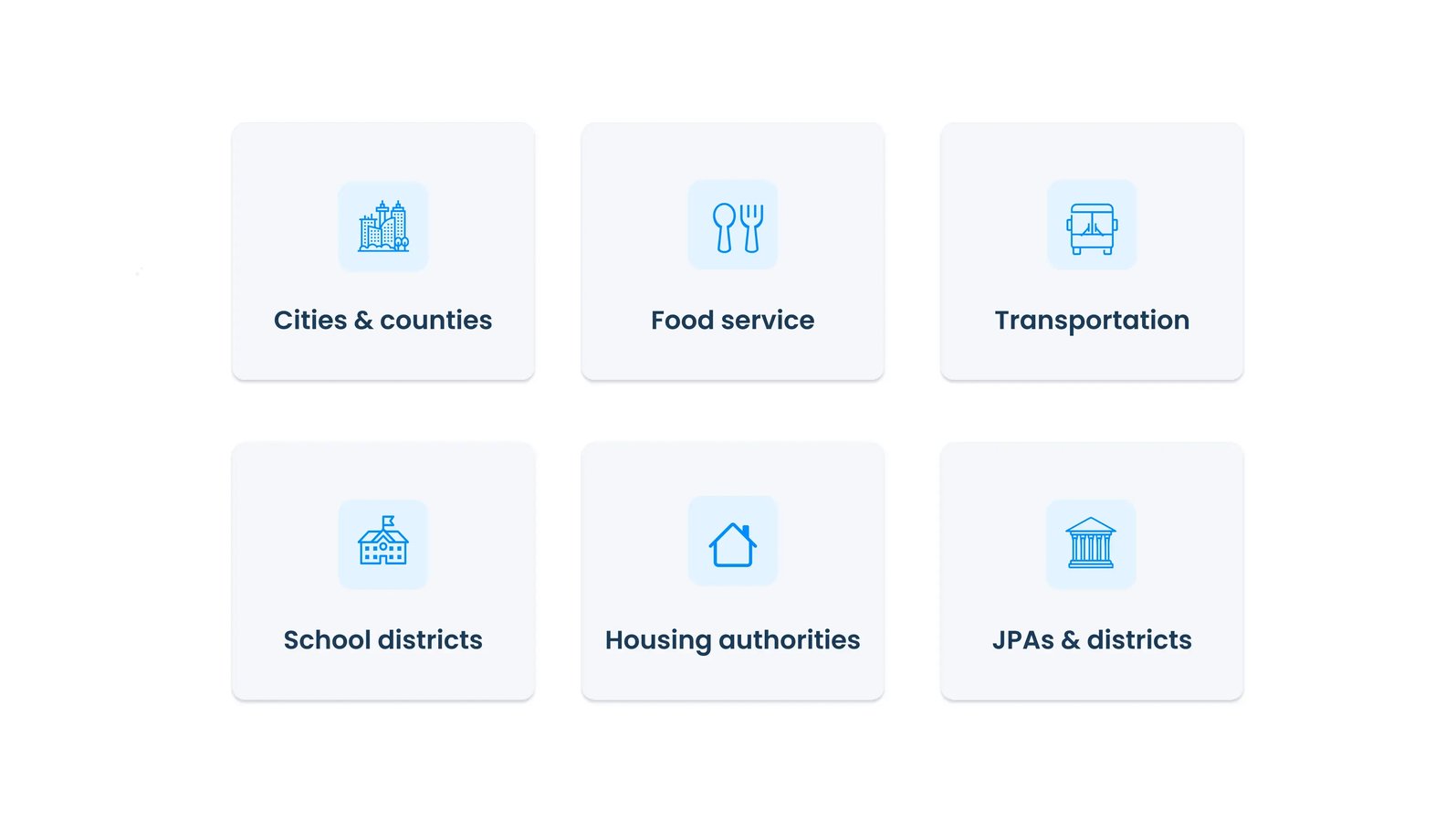 Grid of six agency types PINS serves: cities and counties, school districts, transportation, housing authorities, food service, and JPAs and districts
