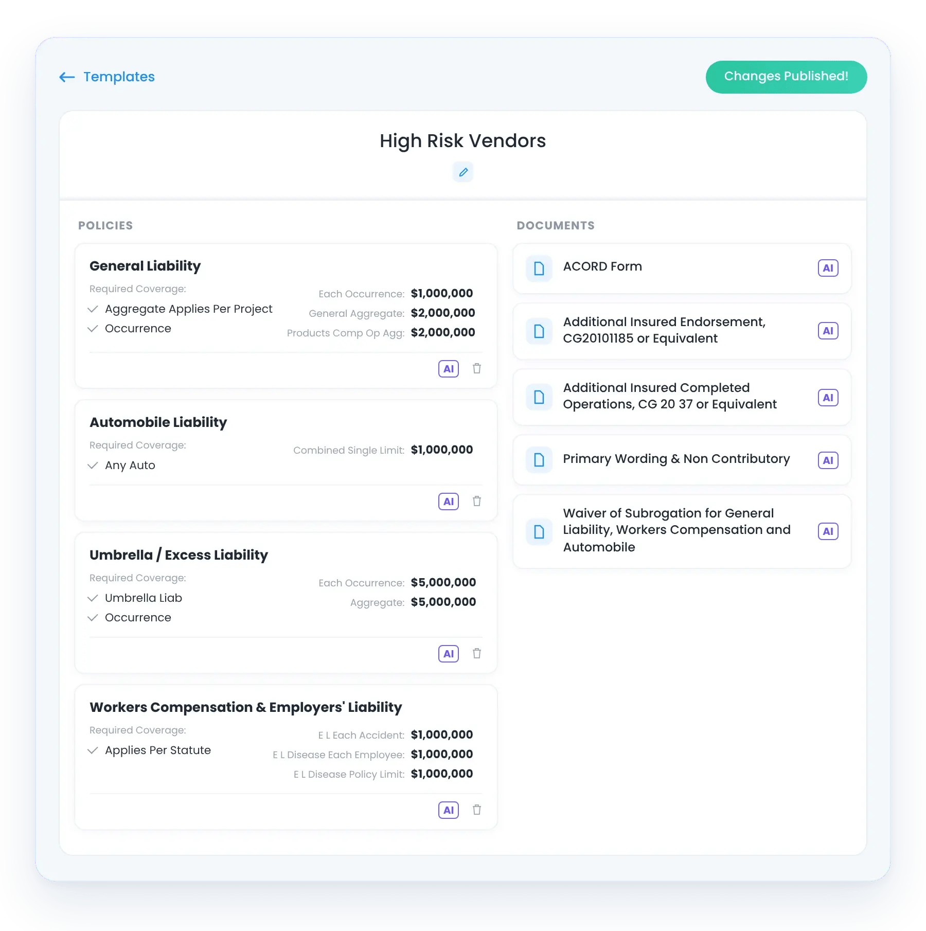 PINS requirement template for high risk vendors, with general liability, auto, umbrella, and workers compensation limits, plus additional insured, primary and non-contributory, and waiver of subrogation endorsements