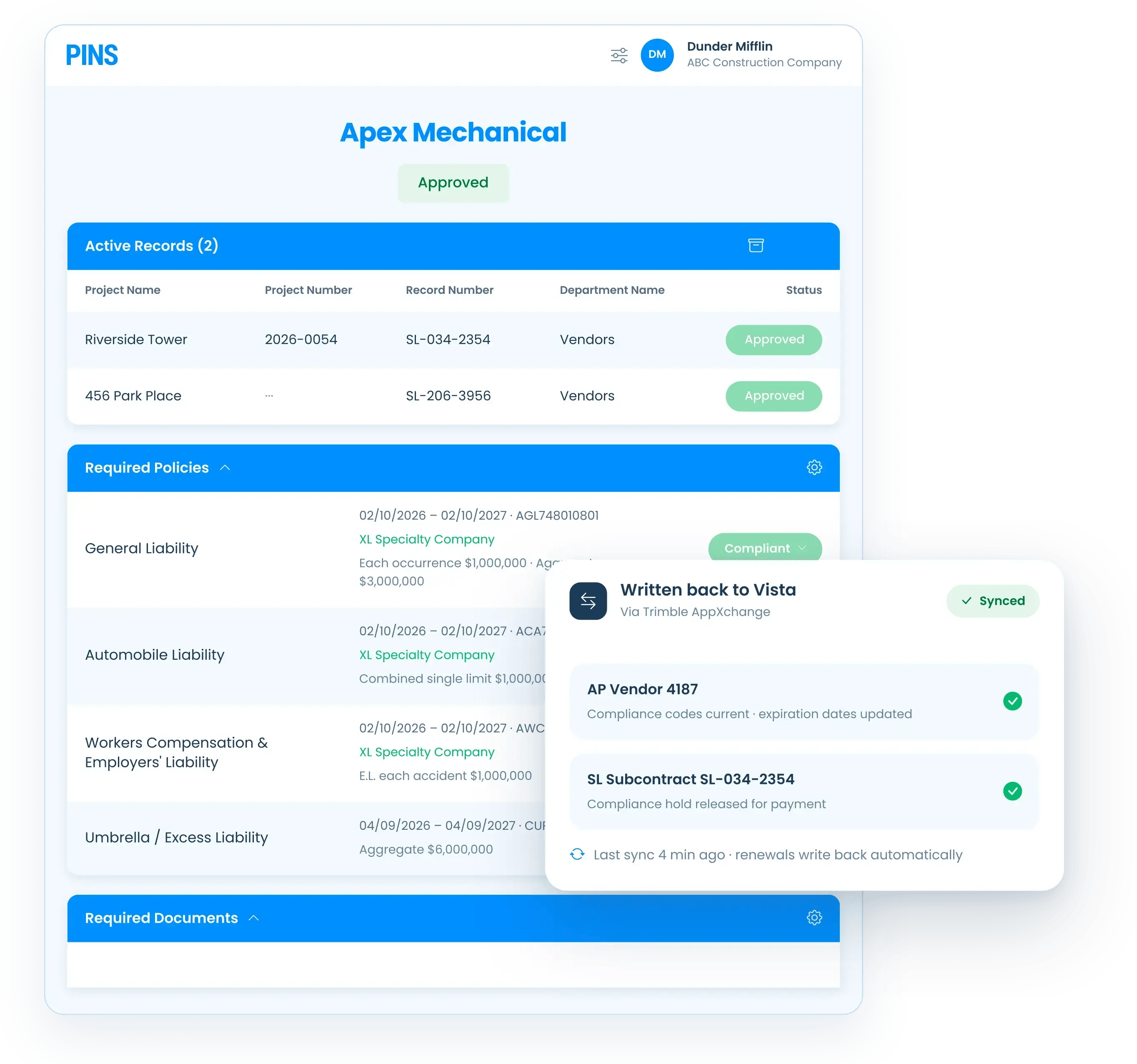 PINS vendor compliance record for Apex Mechanical showing Approved status across two active projects, with a Written back to Vista panel confirming AP Vendor compliance codes and SL Subcontract compliance hold released for payment via Trimble AppXchange, synced 4 minutes ago.