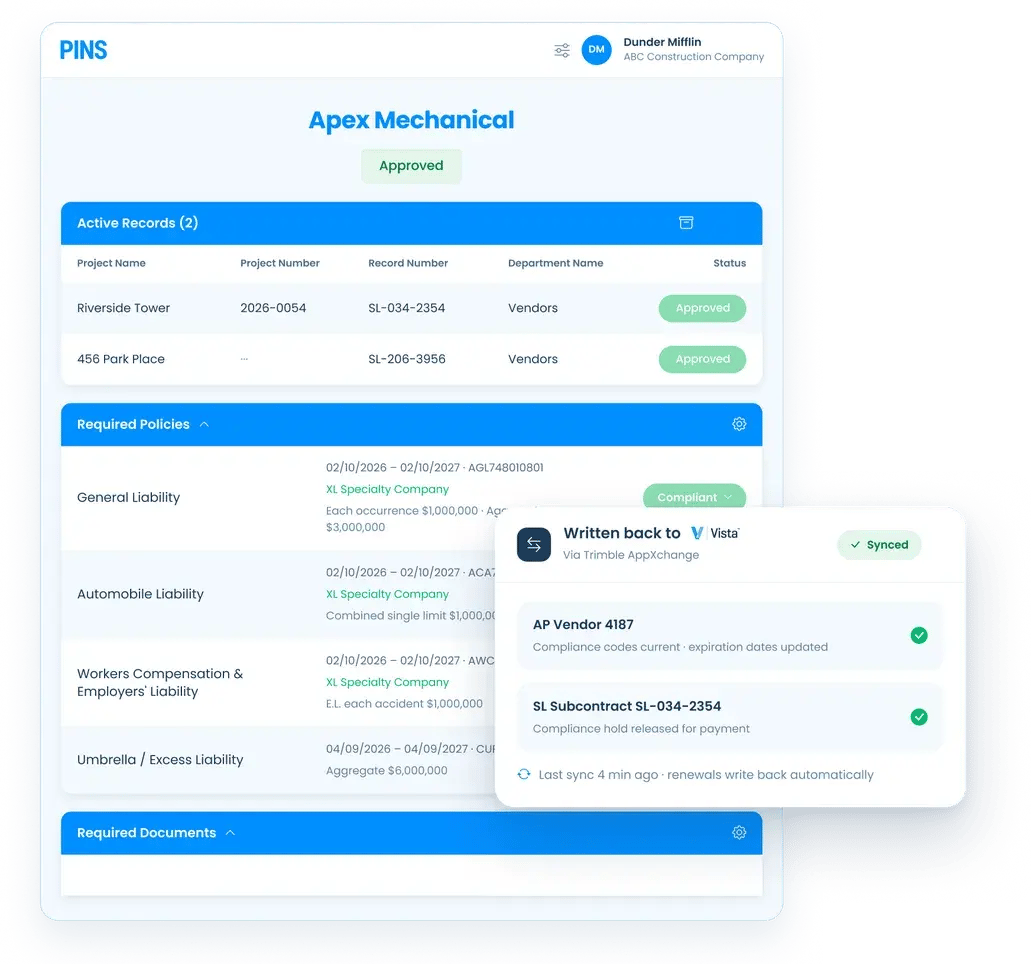 PINS vendor compliance record for Apex Mechanical showing Approved status across two active projects, with a Written back to Vista panel confirming AP Vendor compliance codes and SL Subcontract compliance hold released for payment via Trimble AppXchange, synced 4 minutes ago.