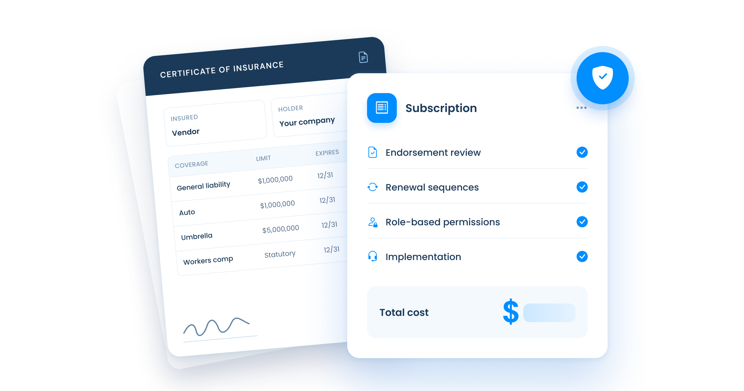 Illustration of a certificate of insurance next to a COI tracking software subscription quote