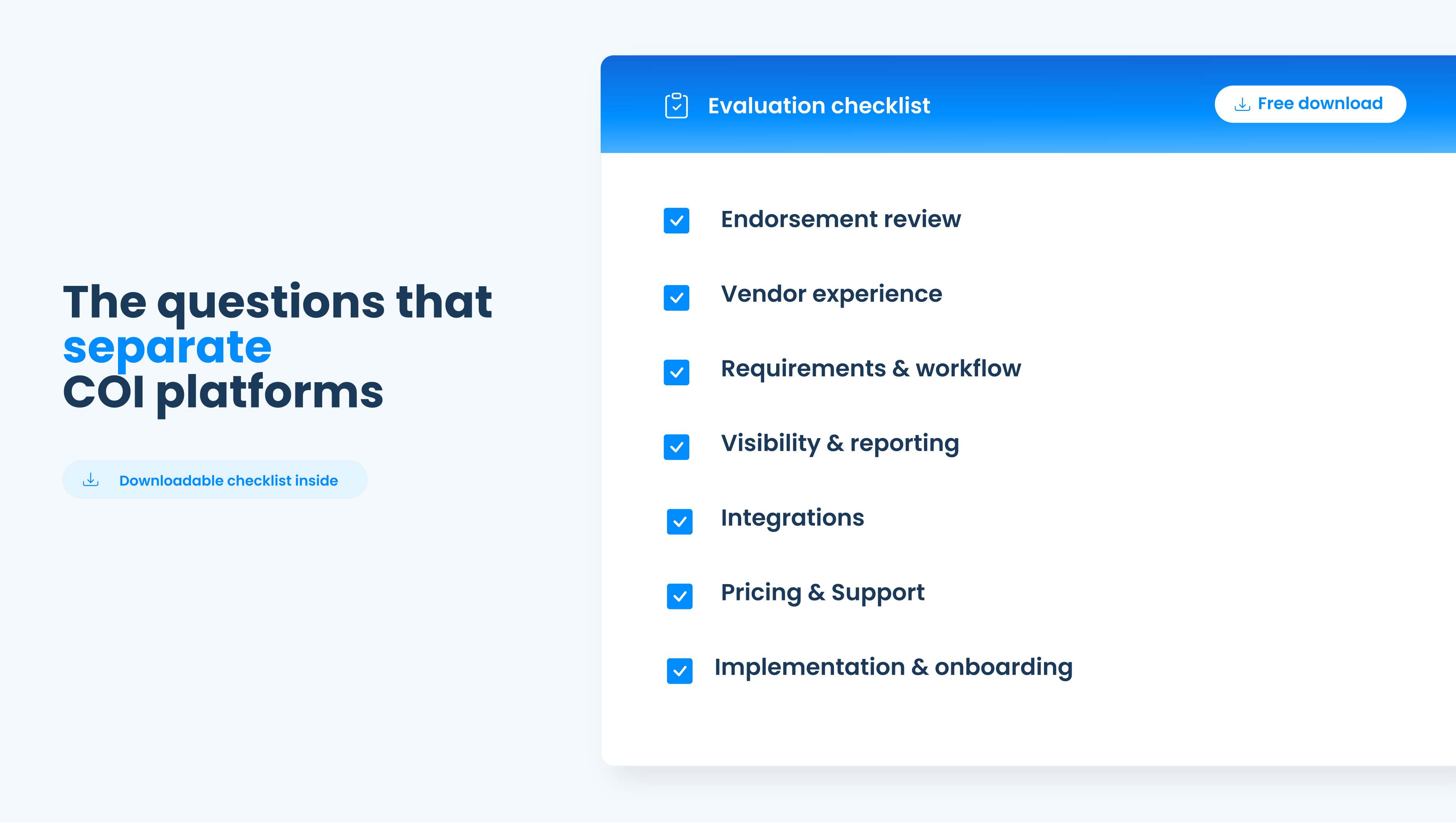 The questions that separate COI platforms, noting a downloadable checklist inside, beside an evaluation checklist card listing seven items to assess: endorsement review, vendor experience, requirements and workflow, visibility and reporting, integrations, pricing and support, and implementation and onboarding