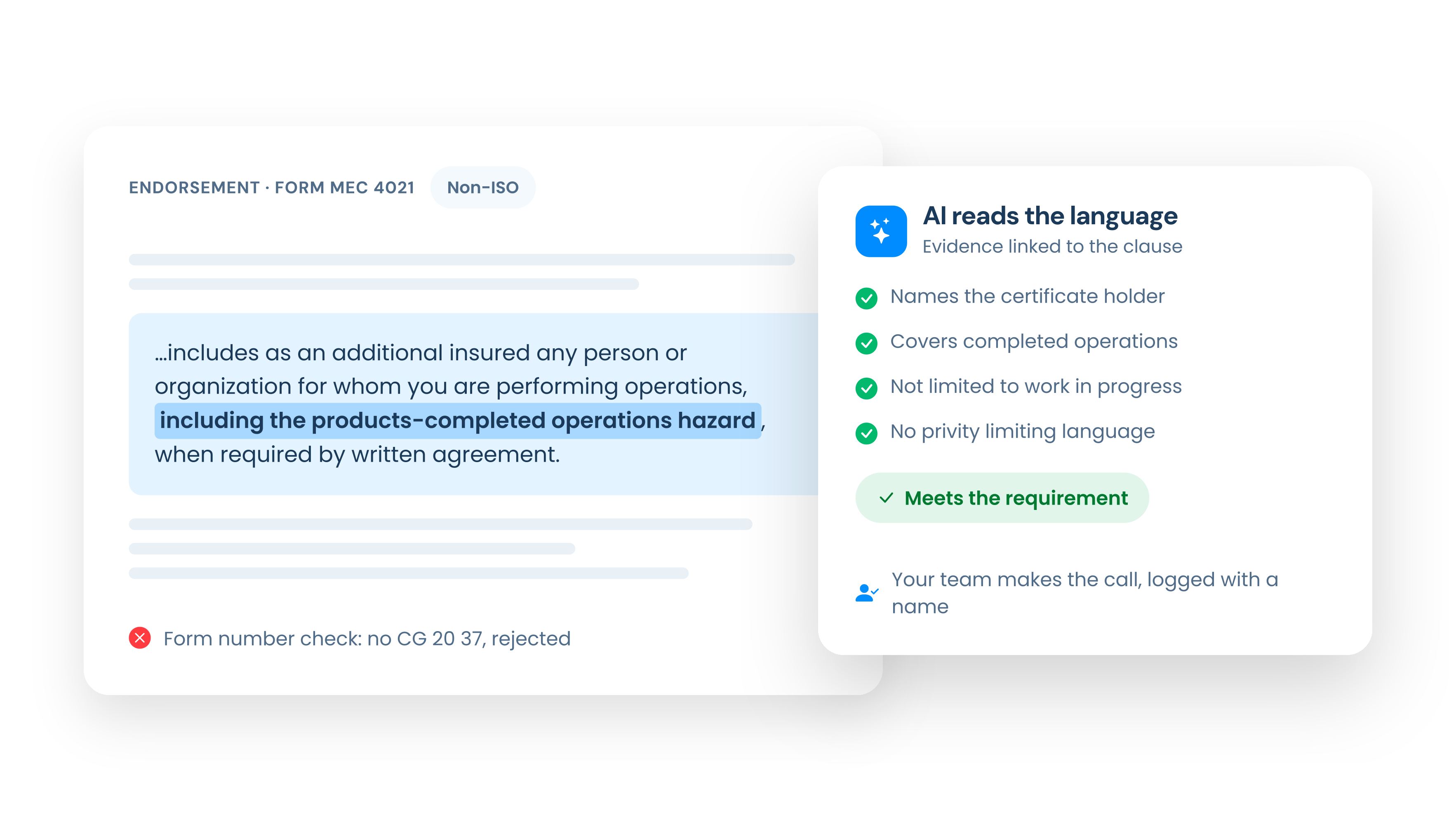 A non-ISO endorsement with its key clause highlighted, passing AI language review after a form-number check rejected it