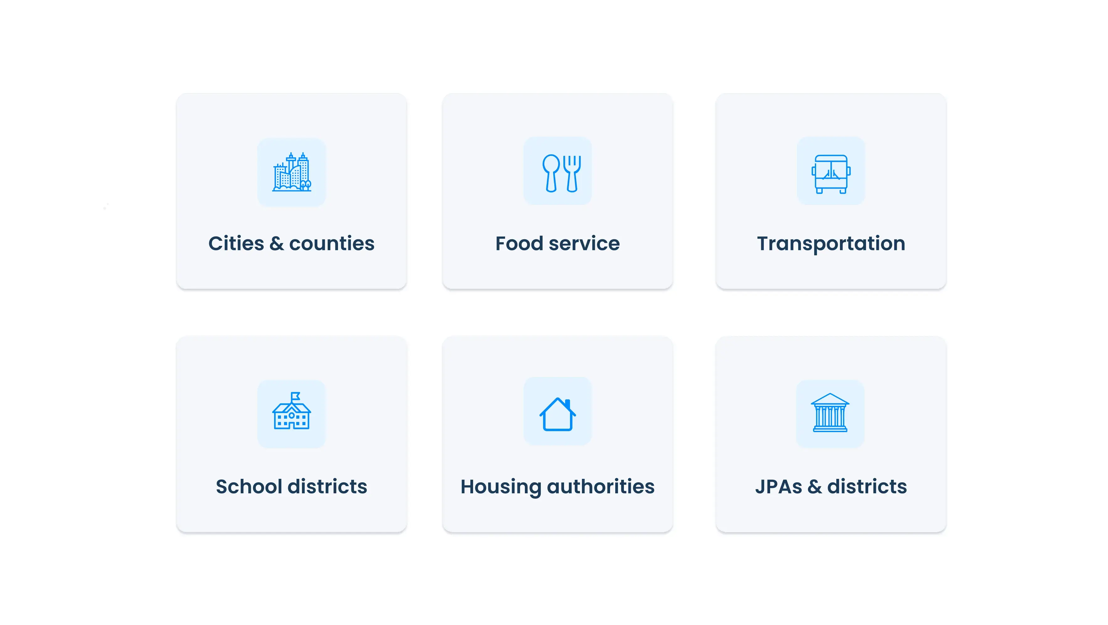 Featured image with a grid of 6 labeled icon tiles showing the agency types served: cities and counties, school districts, transportation, housing authorities, food service,  and JPAs and districts